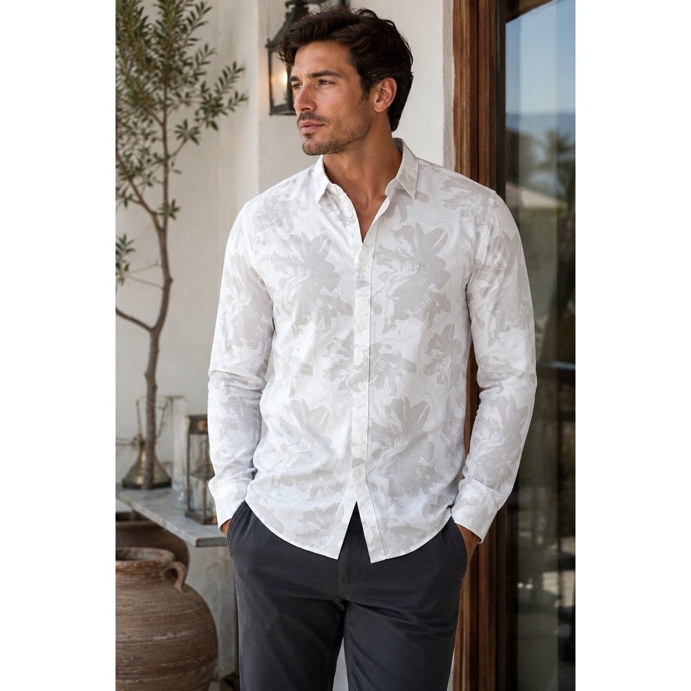 Armani Exchange A|X Men's XXL Floral Button Up Shirt White Gray 100% Cotton